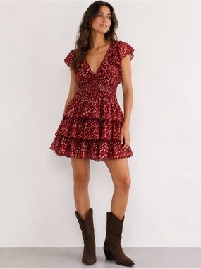 NWT Anthropologie Burgundy Metallic Tiered Mini Dress Size M